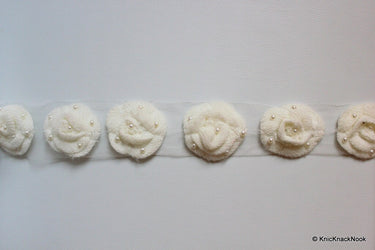 White Crochet Wool Rose Flower With Pearl Studs Appliqué x 2